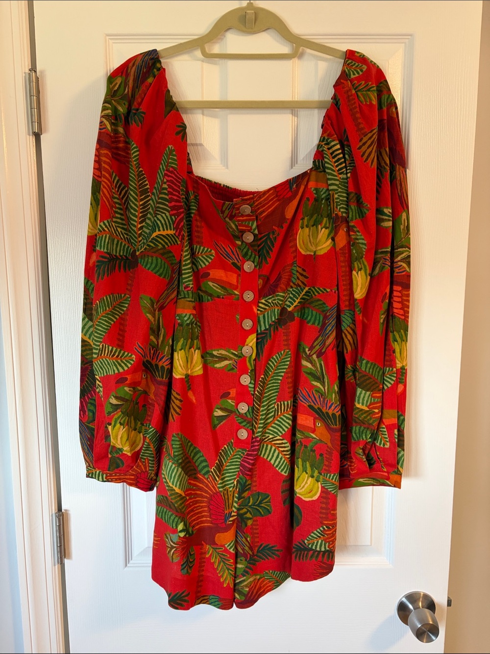 FARM Rio Red Tropical Button-Front Jumpsuit